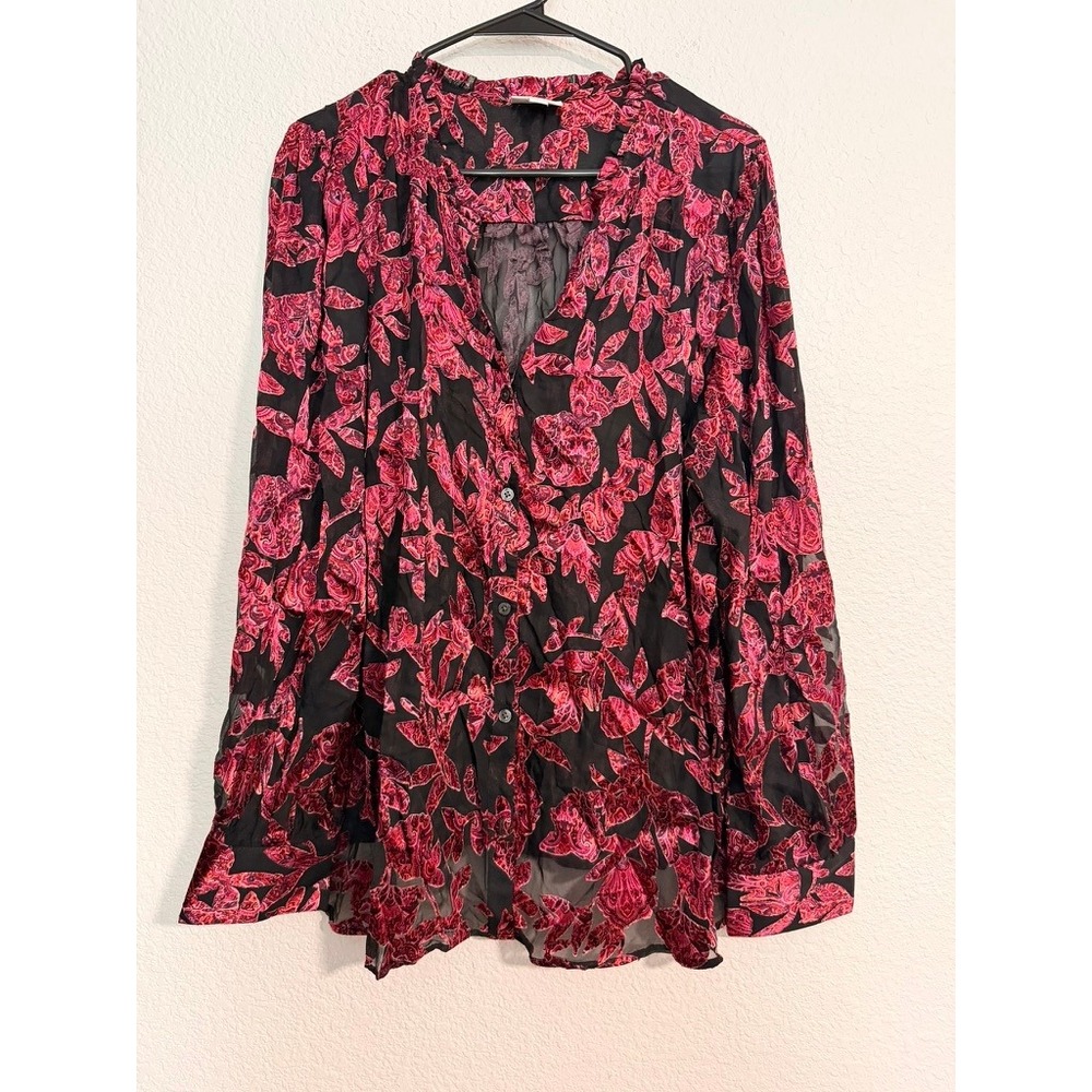J.Jill L-Tall Burnout Velvet Floral Blouse Red Black Sheer Mesh Blouse Top